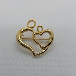 Open Mother Child Double Heart Brooch Pin Gold